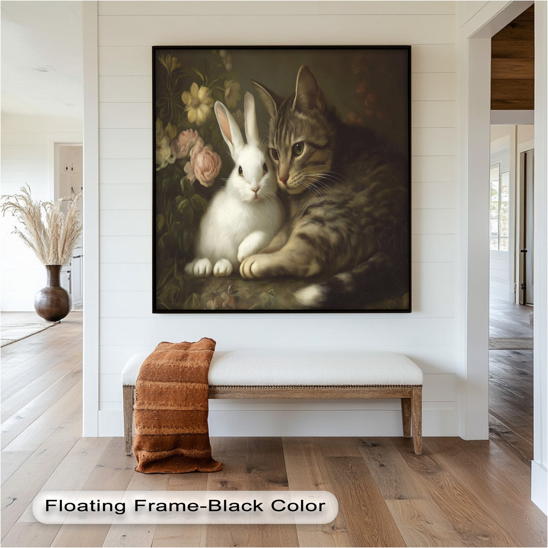 Cat and Rabbit in Floral Harmony - Animal Oil Painting
