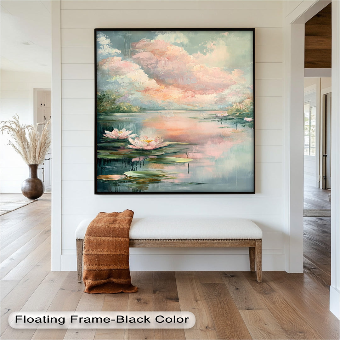 Pastel Water Lilies in Tranquil Lake - Flower Oil Painting
