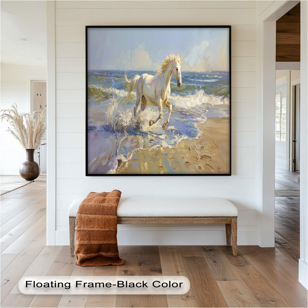 White Horse Galloping on Beach – Dynamic Oil Painting