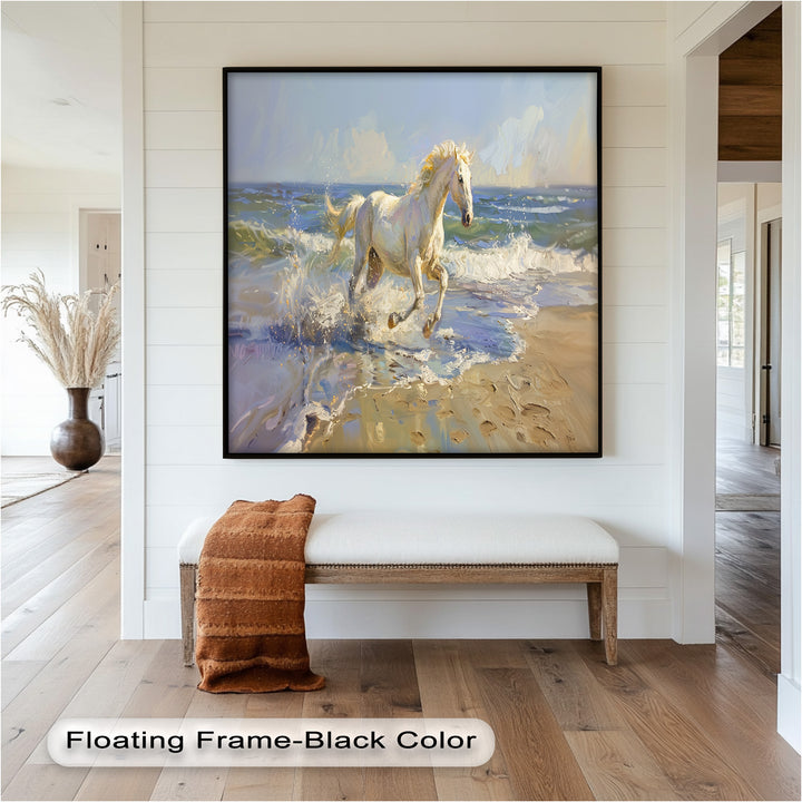 White Horse Galloping on Beach – Dynamic Oil Painting
