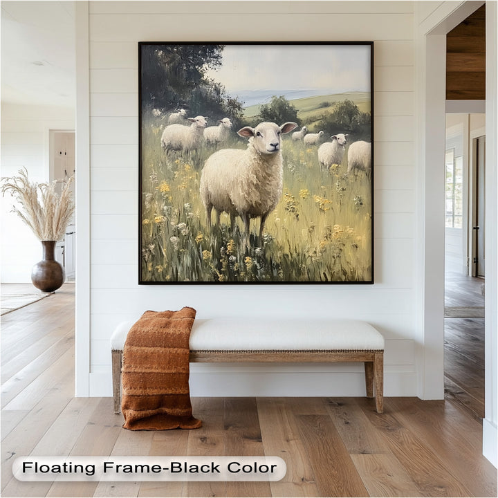 Sheep in Spring Meadow – Pastoral Oil Painting