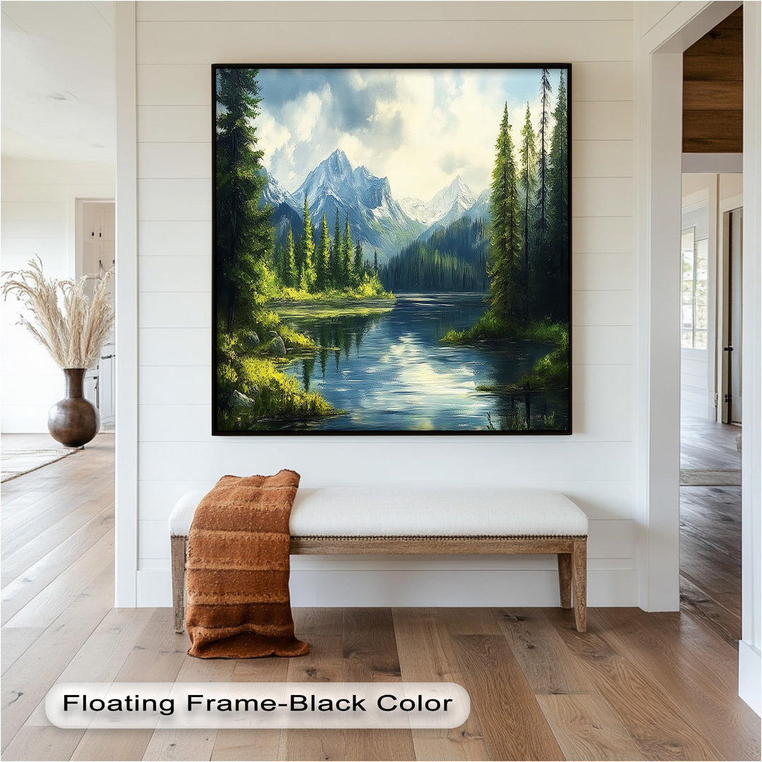 A timeless celebration of mountain serenity, this artwork invites deep breaths, quiet thoughts, and a love for the wild.
