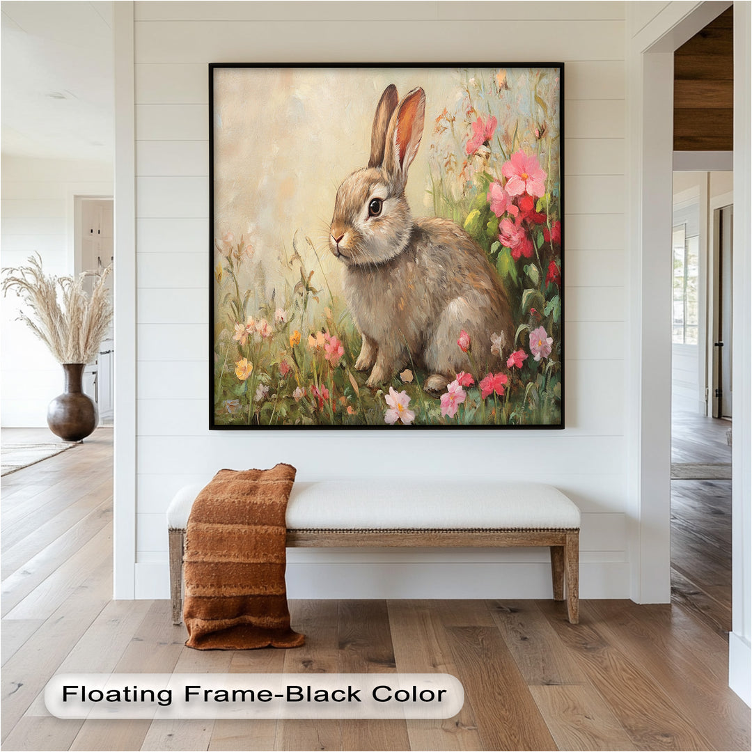 Curious Bunny Among Spring Blossoms – Animal Oil Painting