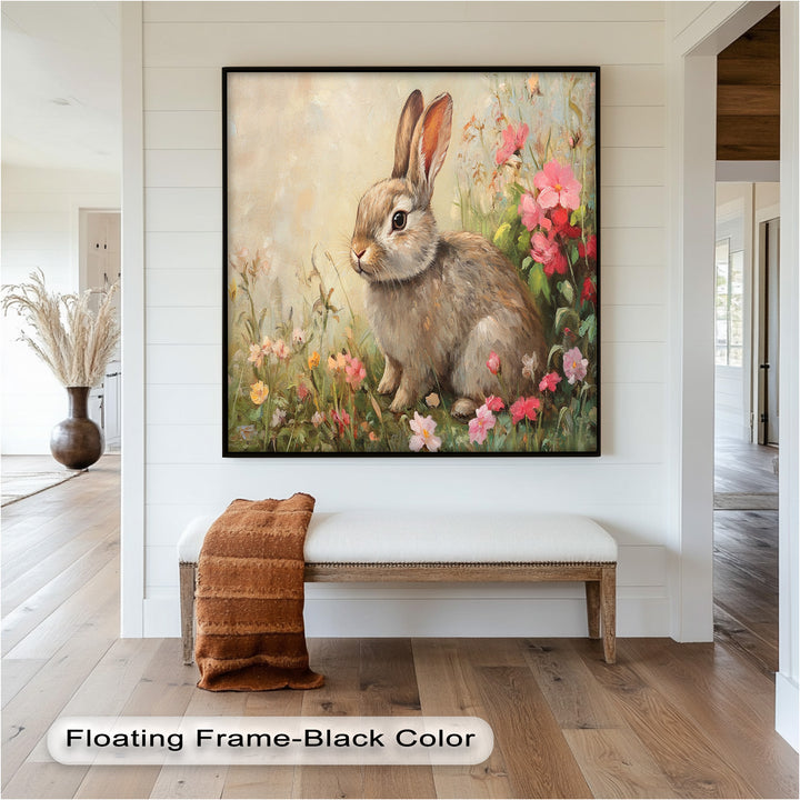 Curious Bunny Among Spring Blossoms – Animal Oil Painting
