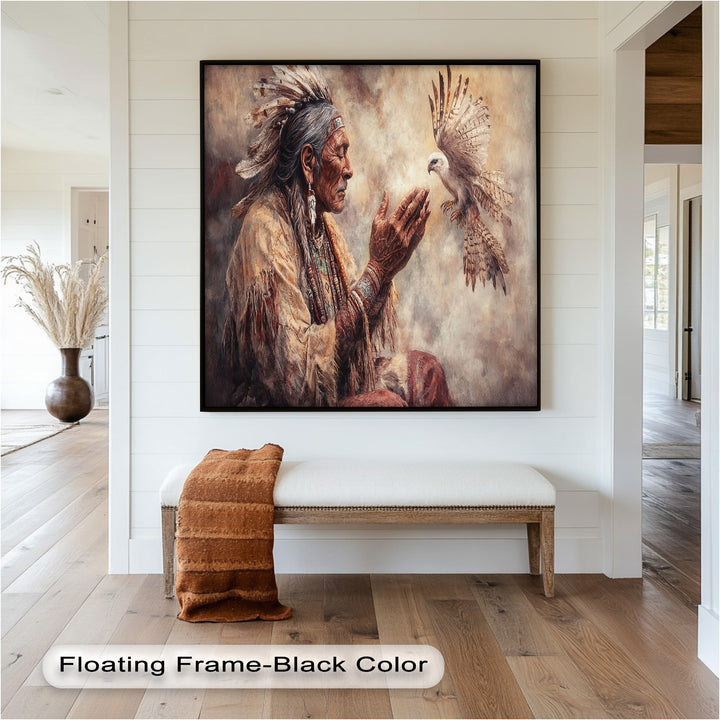 Whisper to the Spirit – Native Elder and Falcon Oil Painting