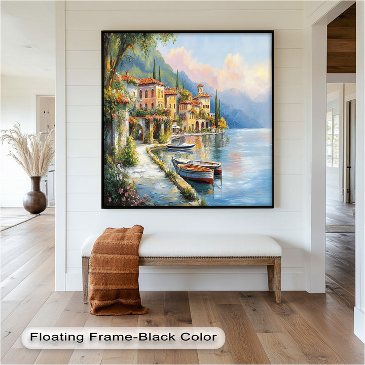 The cobblestone walkway, cypress trees, and mountain backdrop add depth and elegance to the idyllic setting.