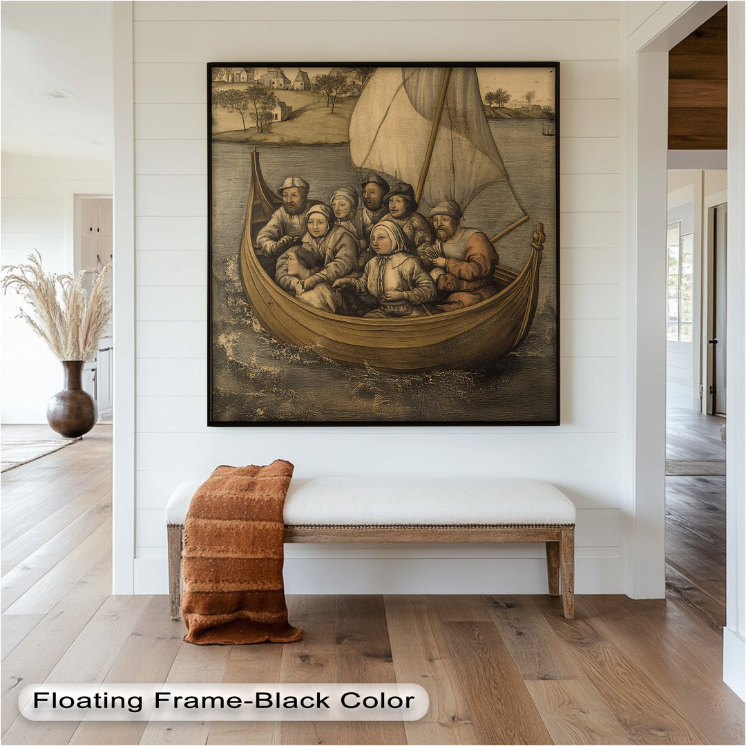 Medieval Sailors in Wooden Vessel - Historic Oil Painting