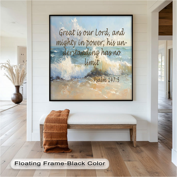 Christian wall art featuring a dynamic sea and a scripture on God's limitless understanding.
