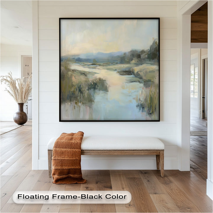 A calm, reflective river flowing through a gentle meadow, with soft pastel tones and hints of green and blue.