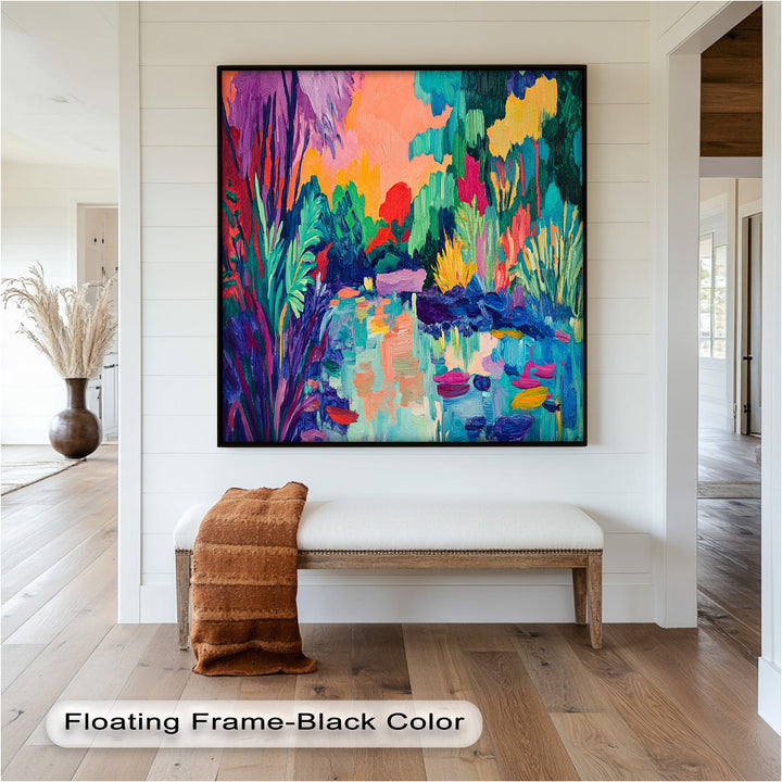 Sunset Reflections Oil Painting – Fauvist Lakeside Dreamscape