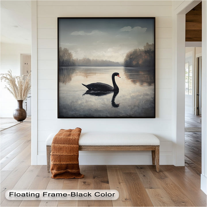Black Swan at Dusk – Lake Scene Oil Painting