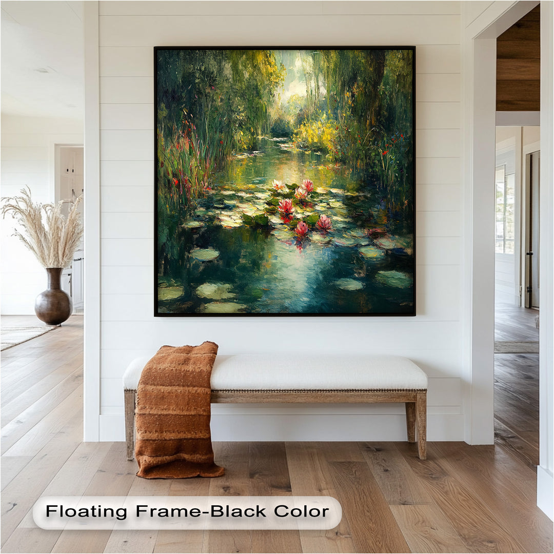 Tranquil Water Lilies in Sunlit Pond – Impressionist Oil Painting
