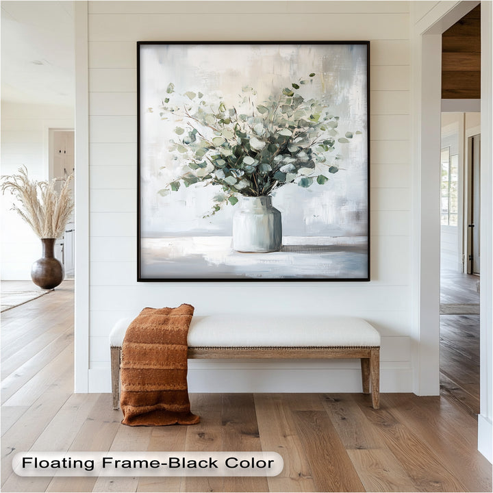 Eucalyptus Essence – Minimalist Greenery in Ceramic Vase Oil Painting