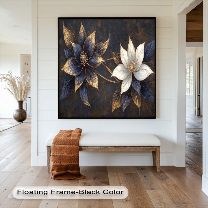 Blue Floral Stained Art – Botanical Oil Painting