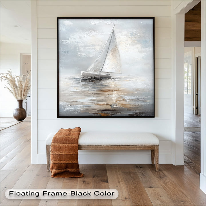 Sailing Through the Mist – White Boat Oil Painting