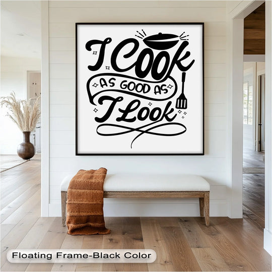 Warm color temperature highlights the 'I Cook As Good As I Look' framed oil painting home decor in a brightly lit entryway.
