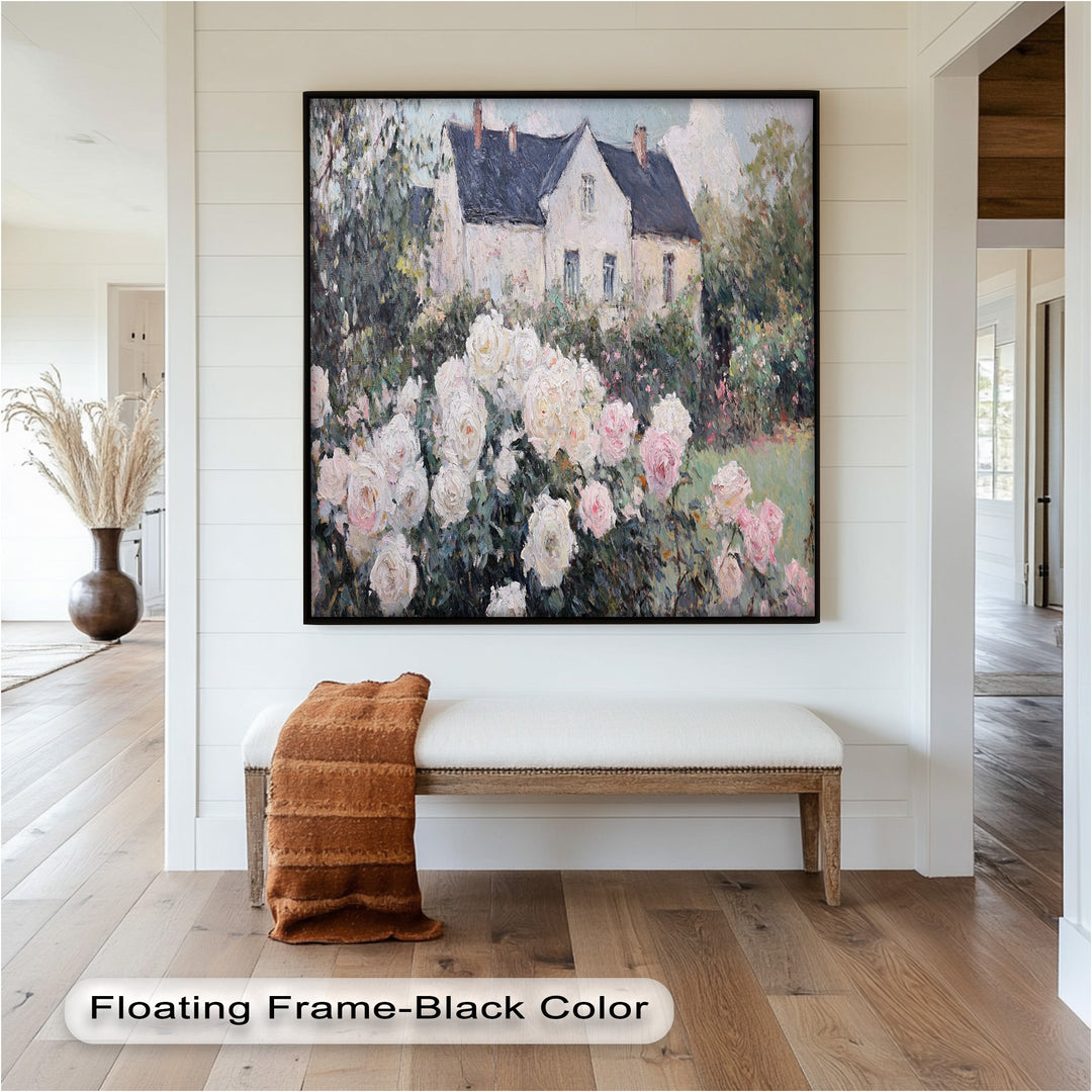 Cottage Garden Roses – Impressionist Floral House Scene Oil Painting