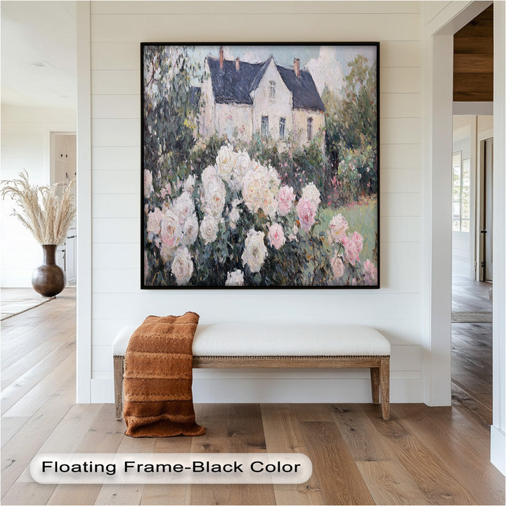 Cottage Garden Roses – Impressionist Floral House Scene Oil Painting