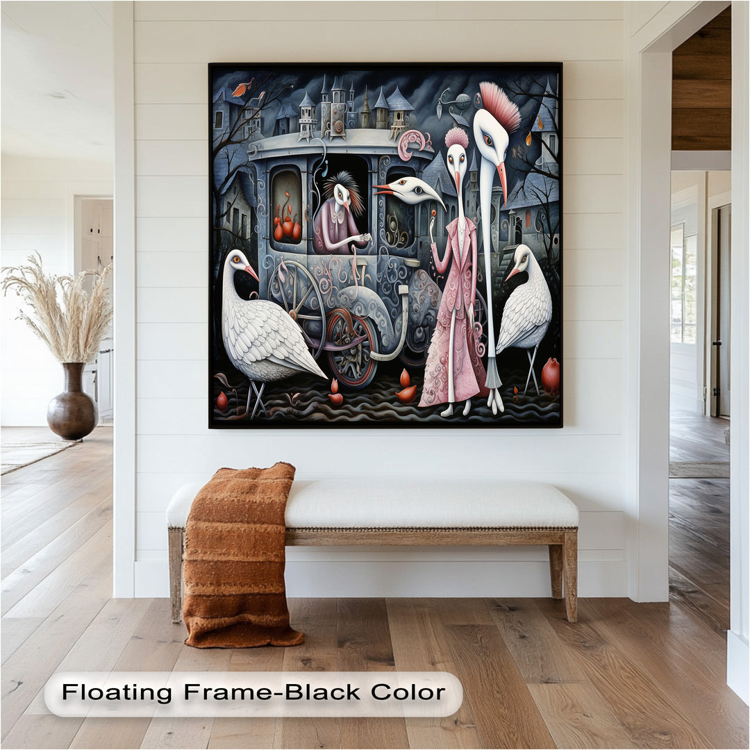 Crimson Couriers – Surreal Carriage Scene Oil Painting