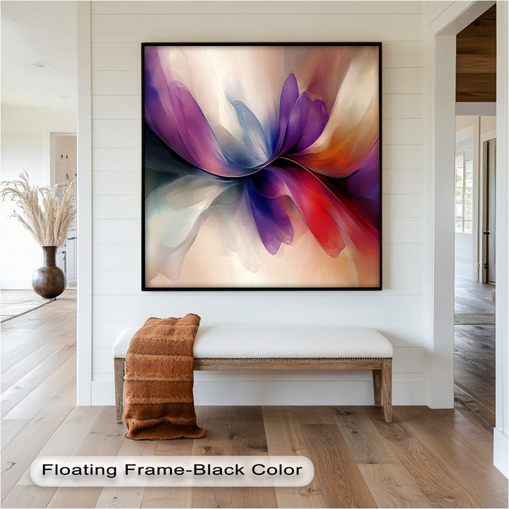 Dreamy abstract bloom with swirling hues of lavender, scarlet, and ivory.
