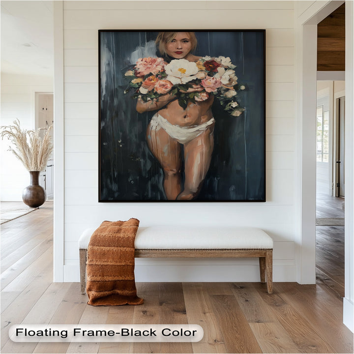 Floral Embrace – Abstract Nude with Blooming Bouquet Oil Painting