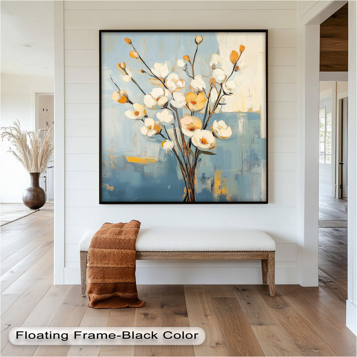 Golden Magnolia – White and Amber Blossoms Flower Oil Painting
