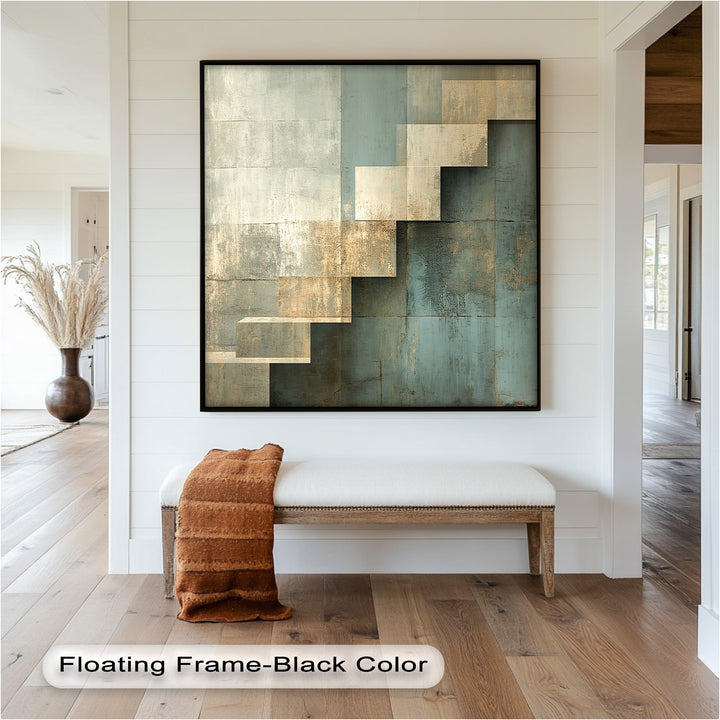 Geometrische Schritte Abstrakt – Blau &amp; Beige Modernes Ölgemälde