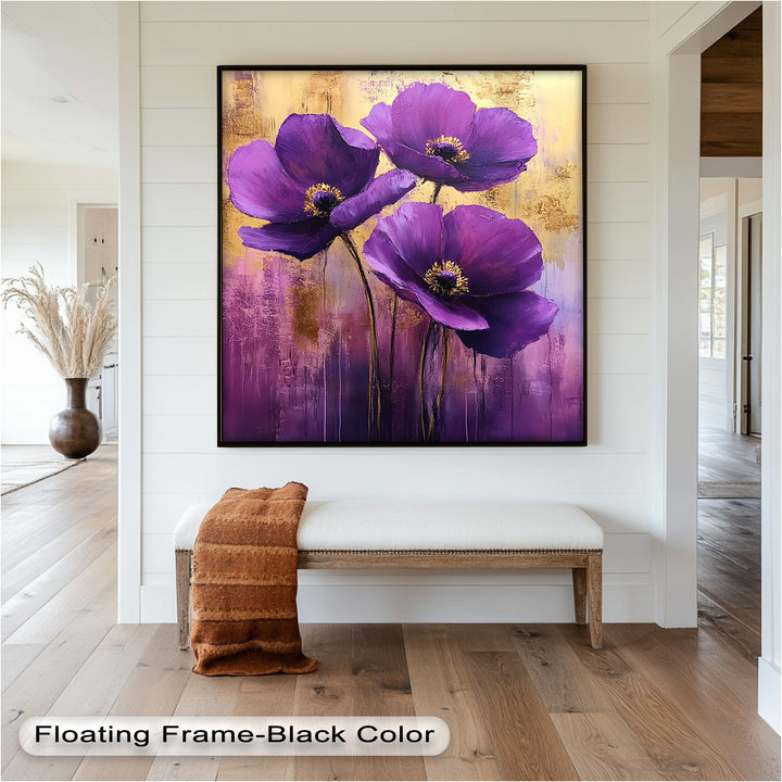 Velvet Blossoms – Purple Floral Elegance with Gold Flower Oil Painting