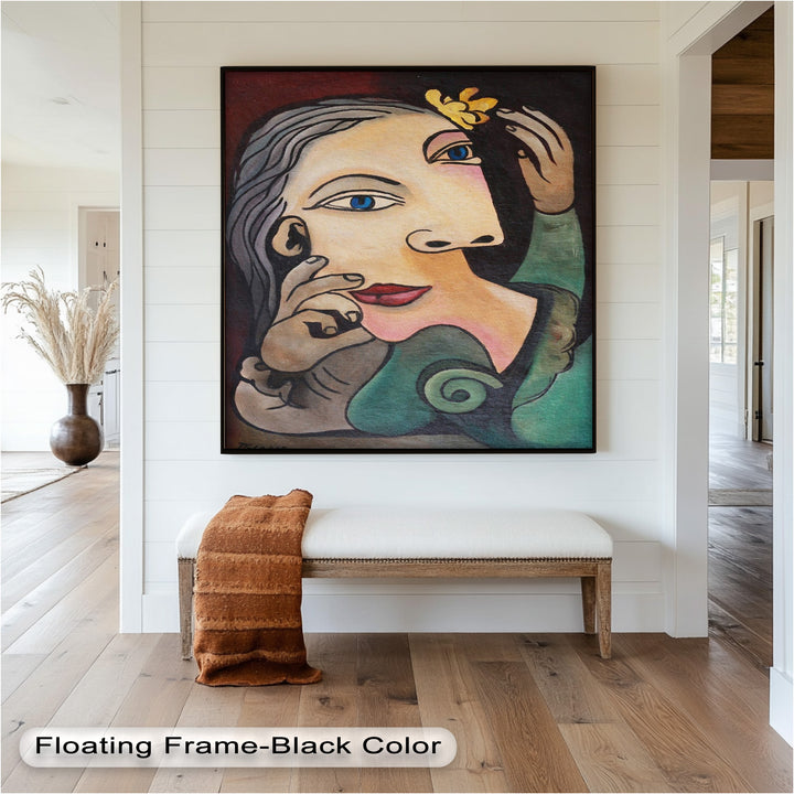 Whimsical Bloom – Surreale Frau mit gelber Blume Picasso Ölgemälde