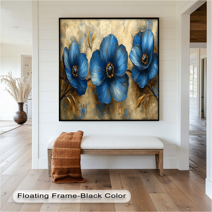 Golden Beige Elegance – Royal Blue Floral Trio Flower Oil Painting