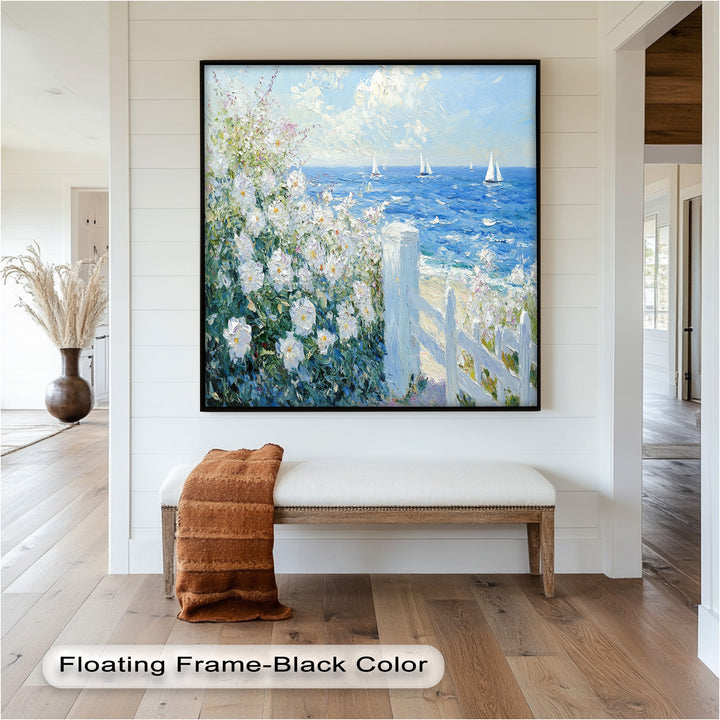 White Rose Garden with Sailboats – Impressionist Oil Painting