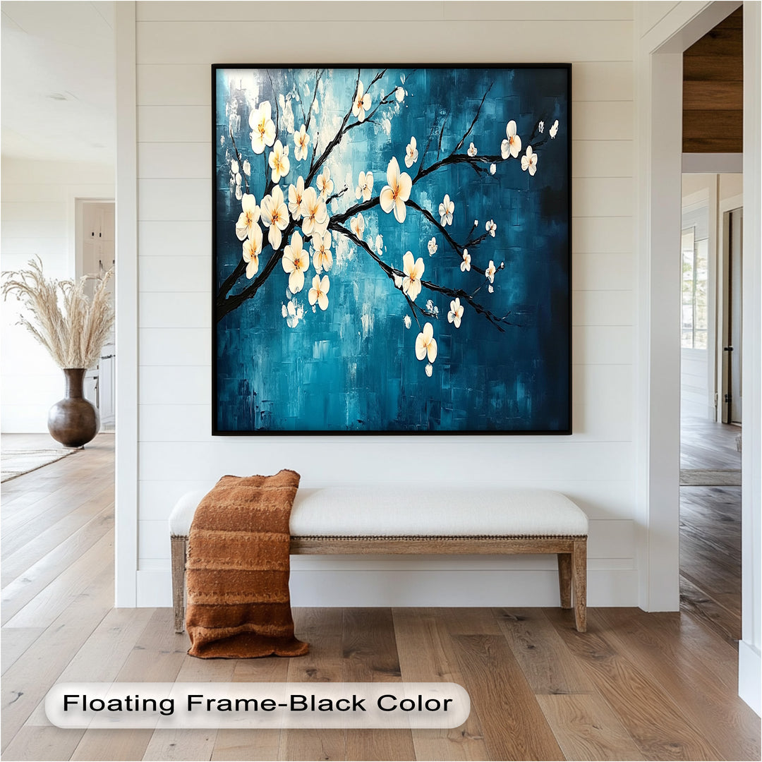 White Blossoms on Blue Wall Art – Floral Oil Painting