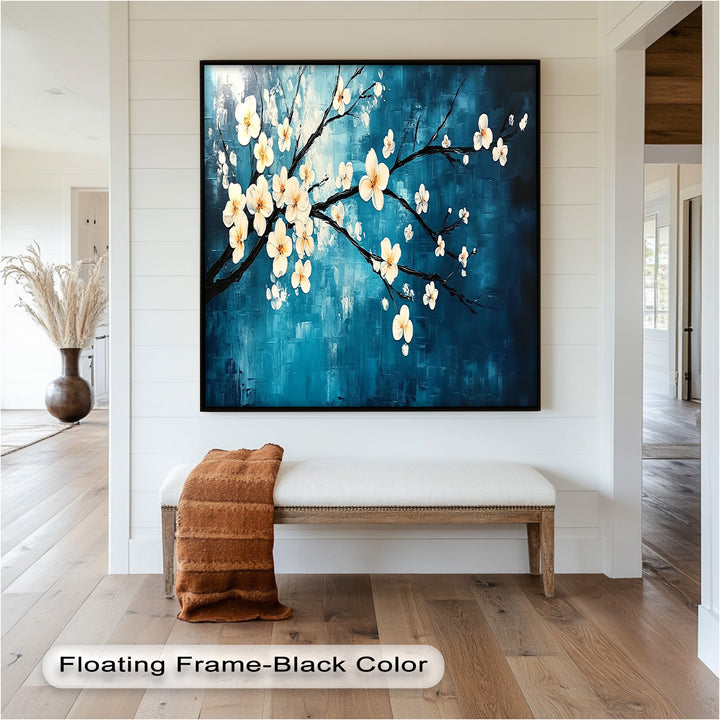 White Blossoms on Blue Wall Art – Floral Oil Painting