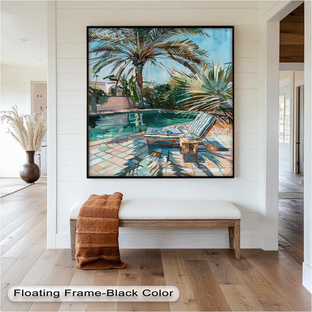 Poolside Palm Tree Escape – Tropical Oil Painting