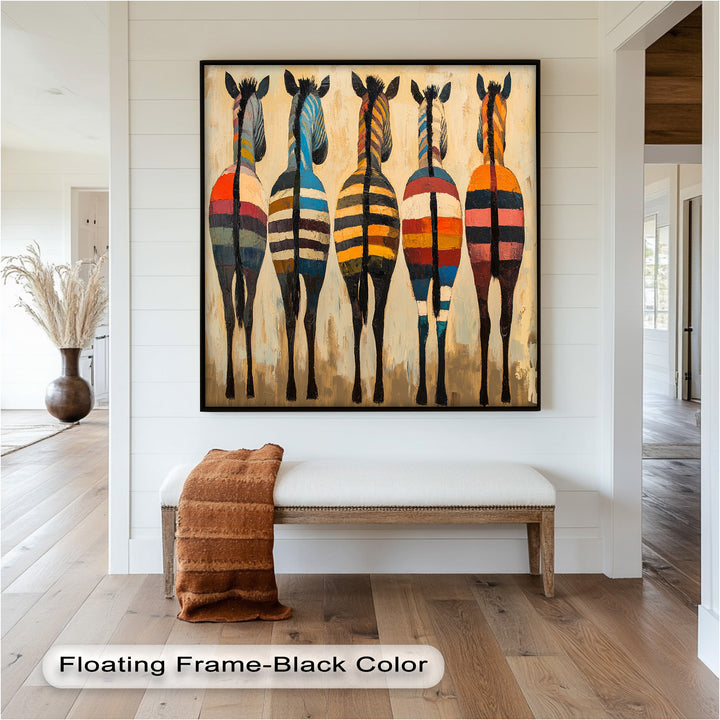 Five Colorful Zebras with Bold Stripes – Animal Oil Painting