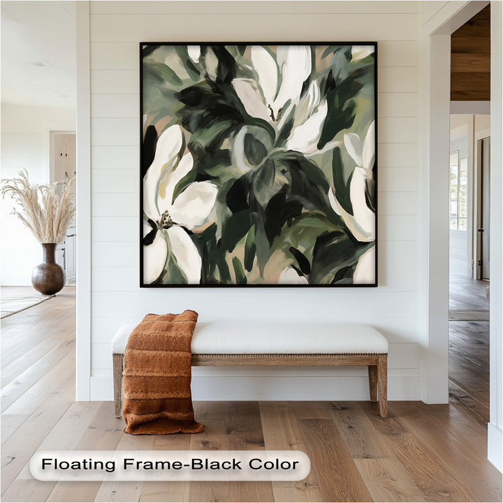 Cream Blooms in Forest Green - Flower Oil Painting