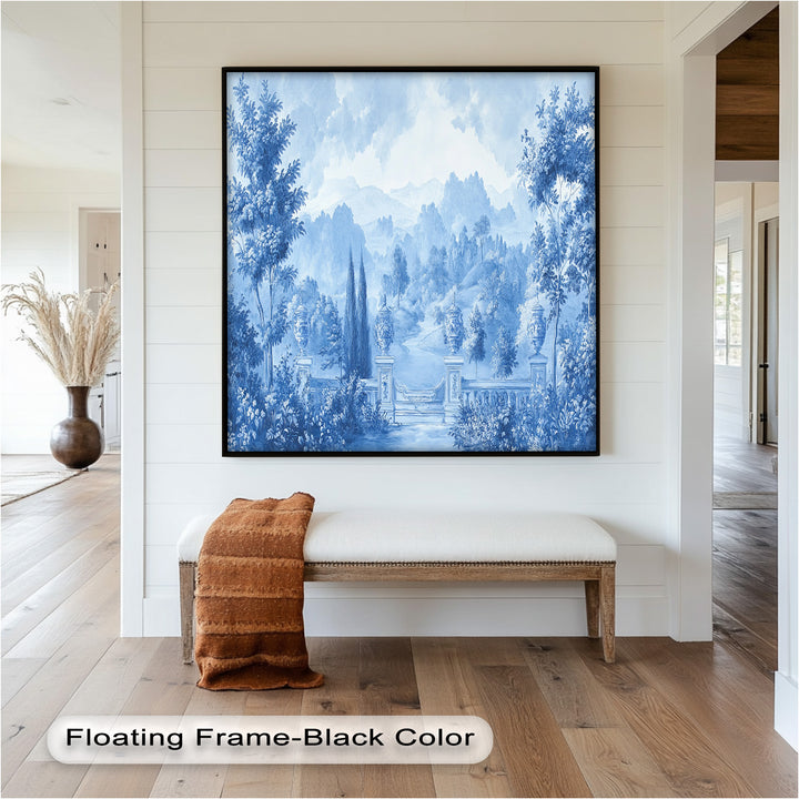 Delicate detailing in the foliage, statues, and architectural elements creates a sense of grandeur and romantic tranquility.