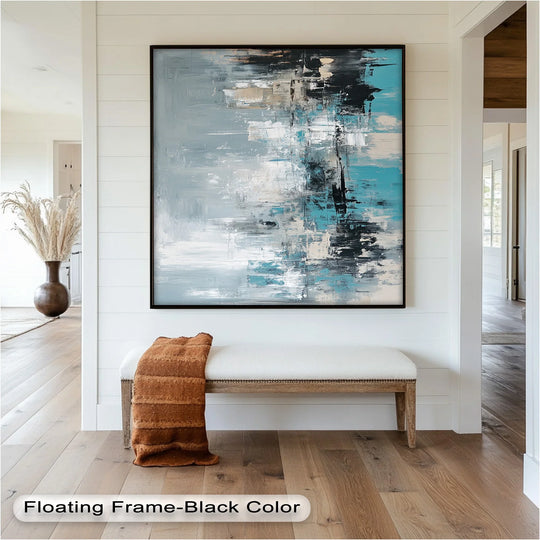 A sleek black floating frame accentuates the textured finish of this urban icefall, teal, and charcoal abstract modern oil painting art.