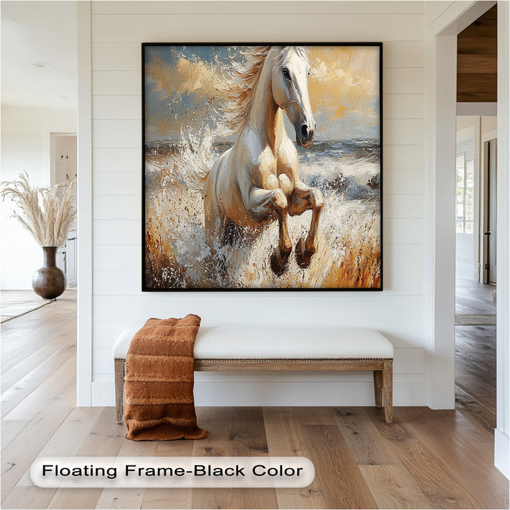 White Horse Art – Gerahmtes Ölgemälde mit Pferd