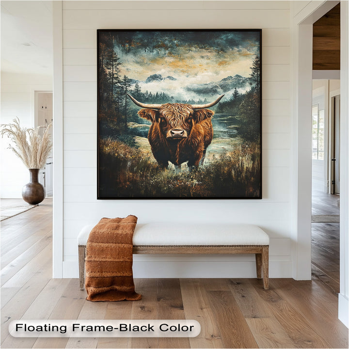 Highland Cow in Misty Pines – Wilderness Oil Painting