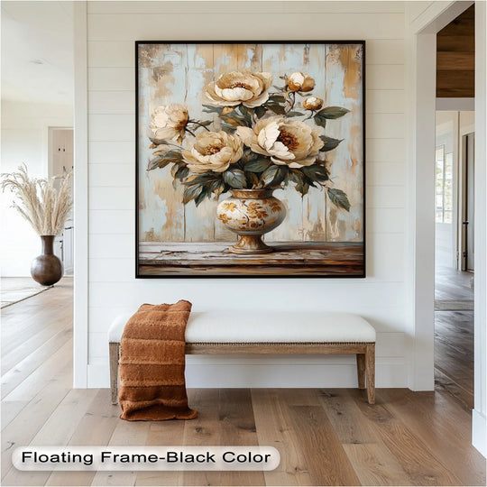 With its warm color temperature, the cream peonies in the vase become a comforting focal point in this floral oil painting reproduction print.
