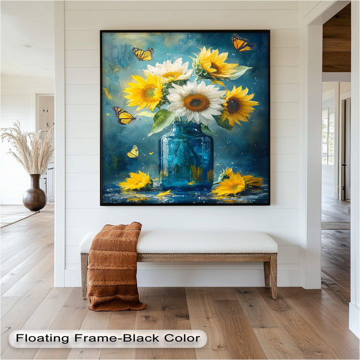 Sun-Kissed Radiance – Sunflowers in Blue Jar Flower Oil Painting