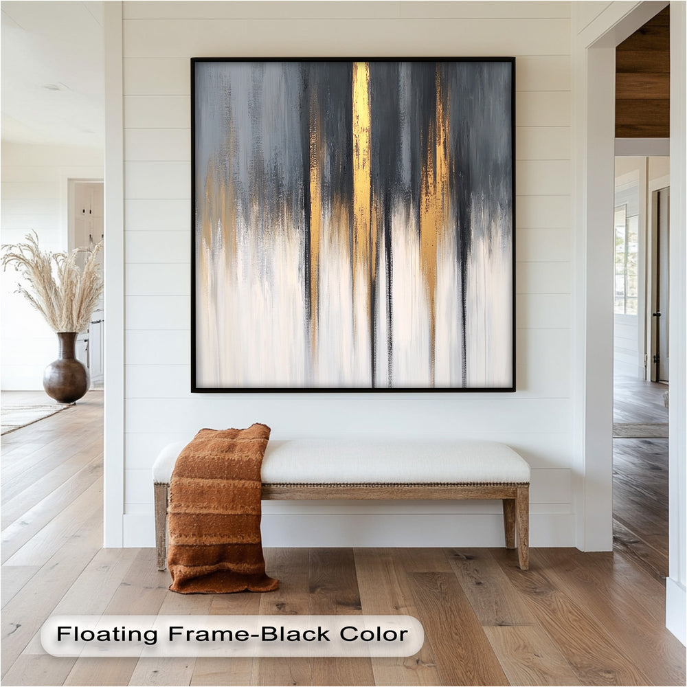 Contemporary drip painting featuring shimmering gold and monochrome layers.
