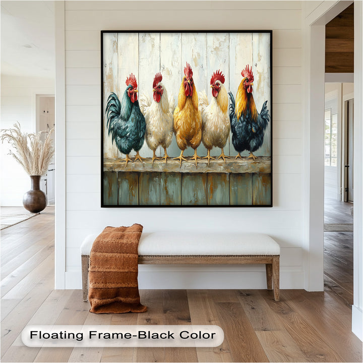 Colorful Roosters on a Wooden Fence – Animal Oil Painting