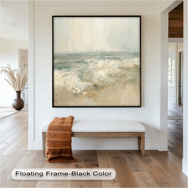Modern Earthy Green Abstract Landscape – Coastal Serenity Oil Painting