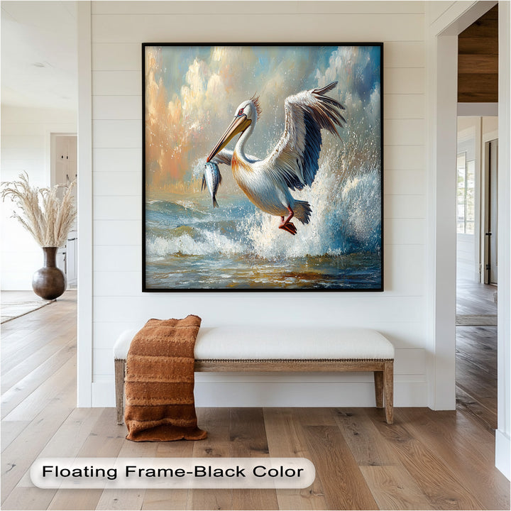 Pelican Catching Fish in Ocean Surf – Animal Oil Painting