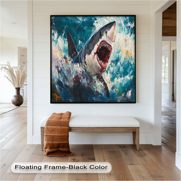 Ferocious Shark Emerging from Turbulent Waters – Animal Oil Painting