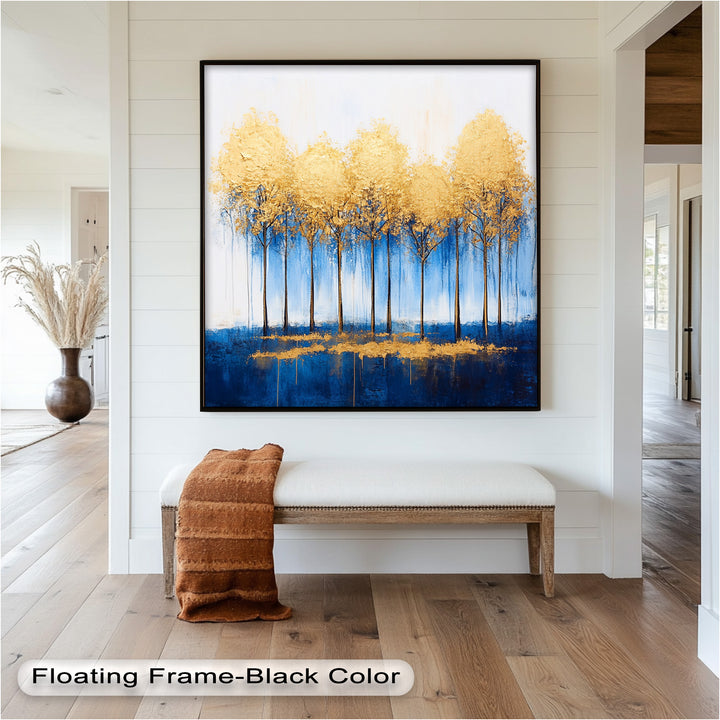 Goldene Bäume am blauen Horizont - Abstraktes Ölgemälde