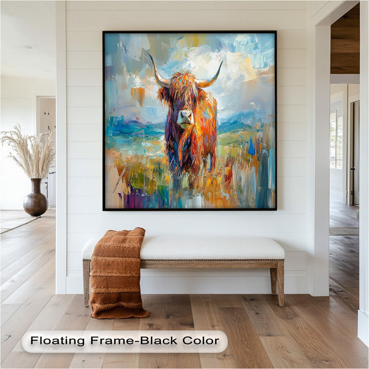 Highland Cow in Windswept Fields - Animal Oil Painting