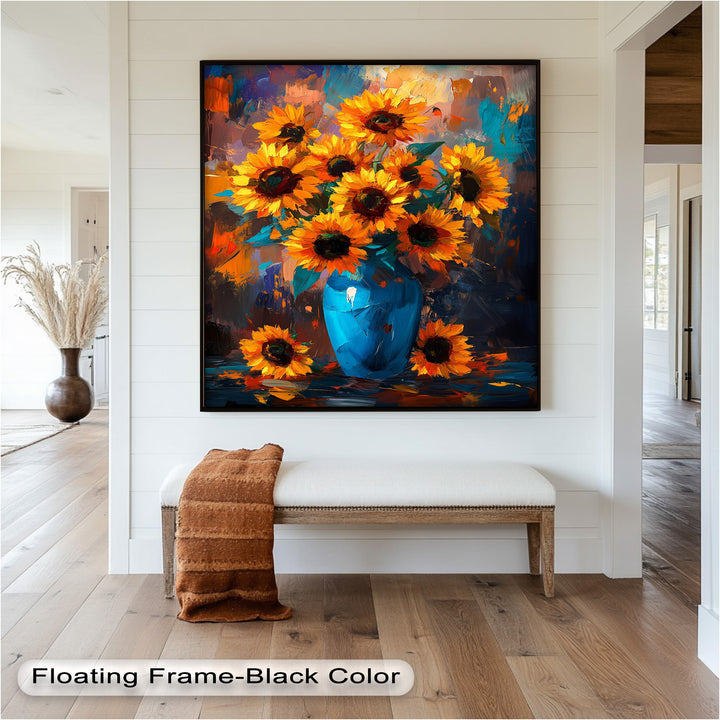 Sunlit Joy – Bold Sunflowers in Blue Vase Oil Painting
